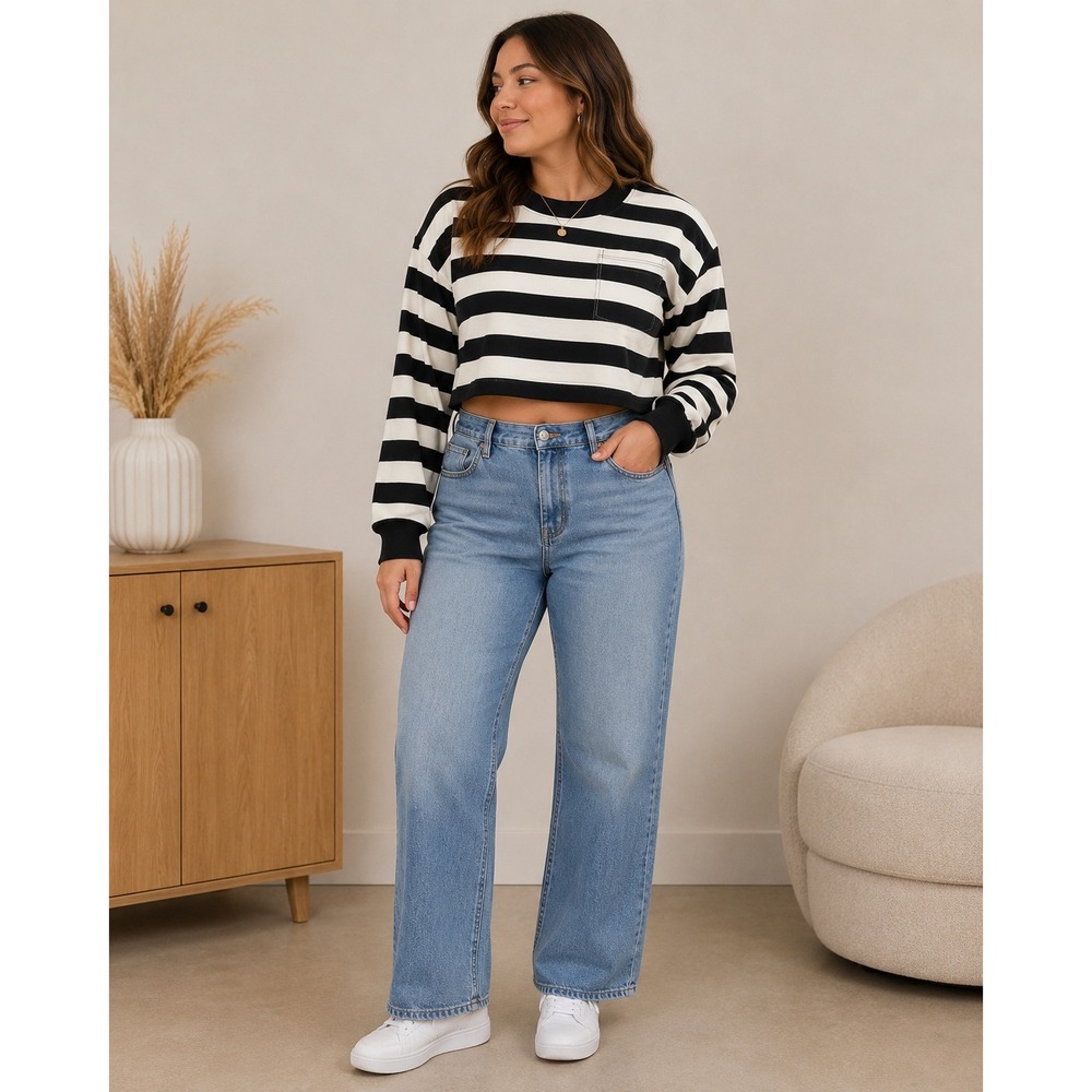 ETCYYNEW Black White Stripe Long Sleeve Cropped Top Mock Neck Pocket‎ XL